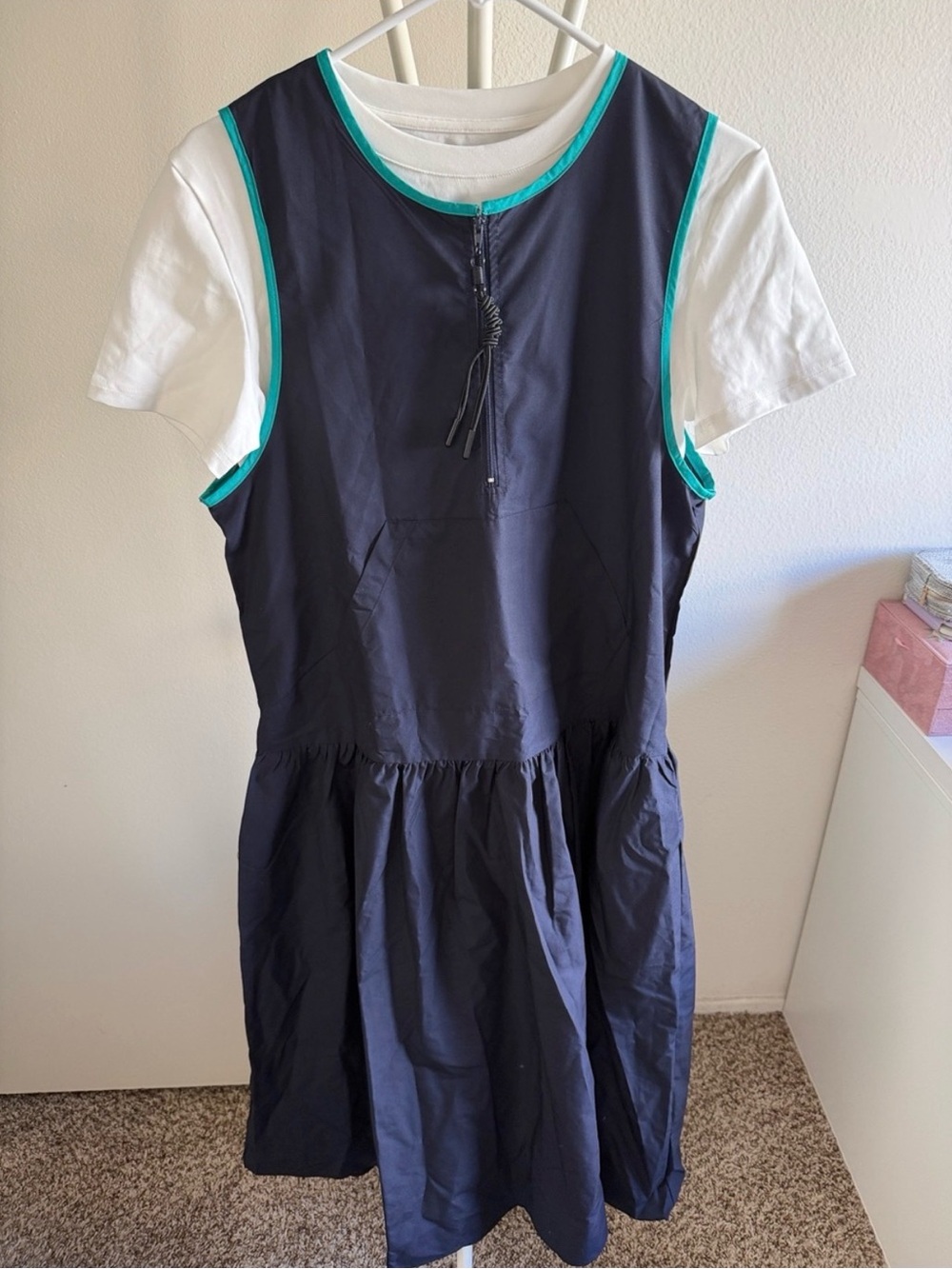 Girls Navy Blue Sleeveless Dress with Teal Trim